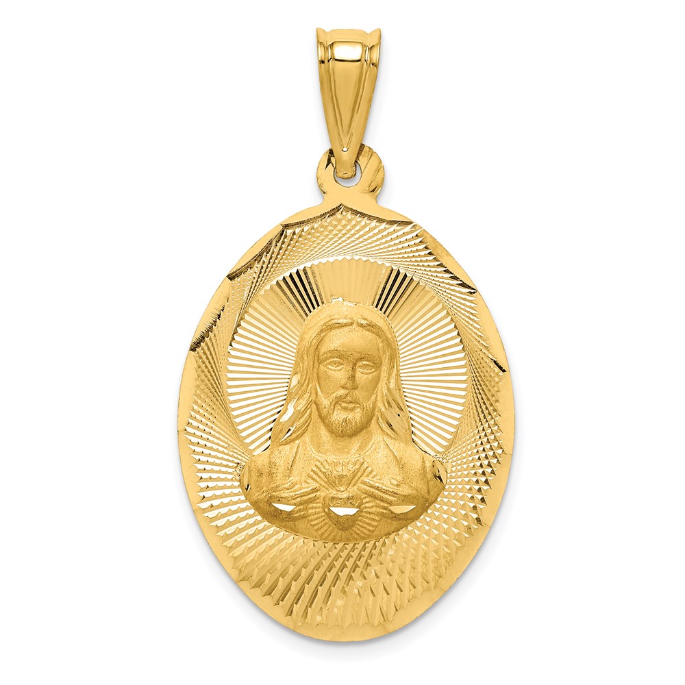 K5591.jpg 14K Polished Diamond-cut Solid Large Sagrado Corazon de Jesus Oval Pendant - Image 1