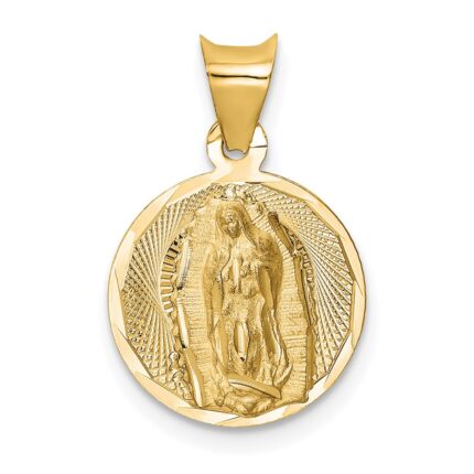 14K Polished Diamond-cut Semi-solid Our Lady Of Guadalupe Round Pendant