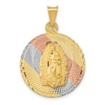 14K with Rose and White Rhodium Polished Diamond-cut Solid Our Lady Of Guadalupe Round Pendant