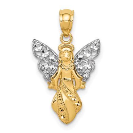 14K and White Rhodium Polished and Textured Angel Pendant