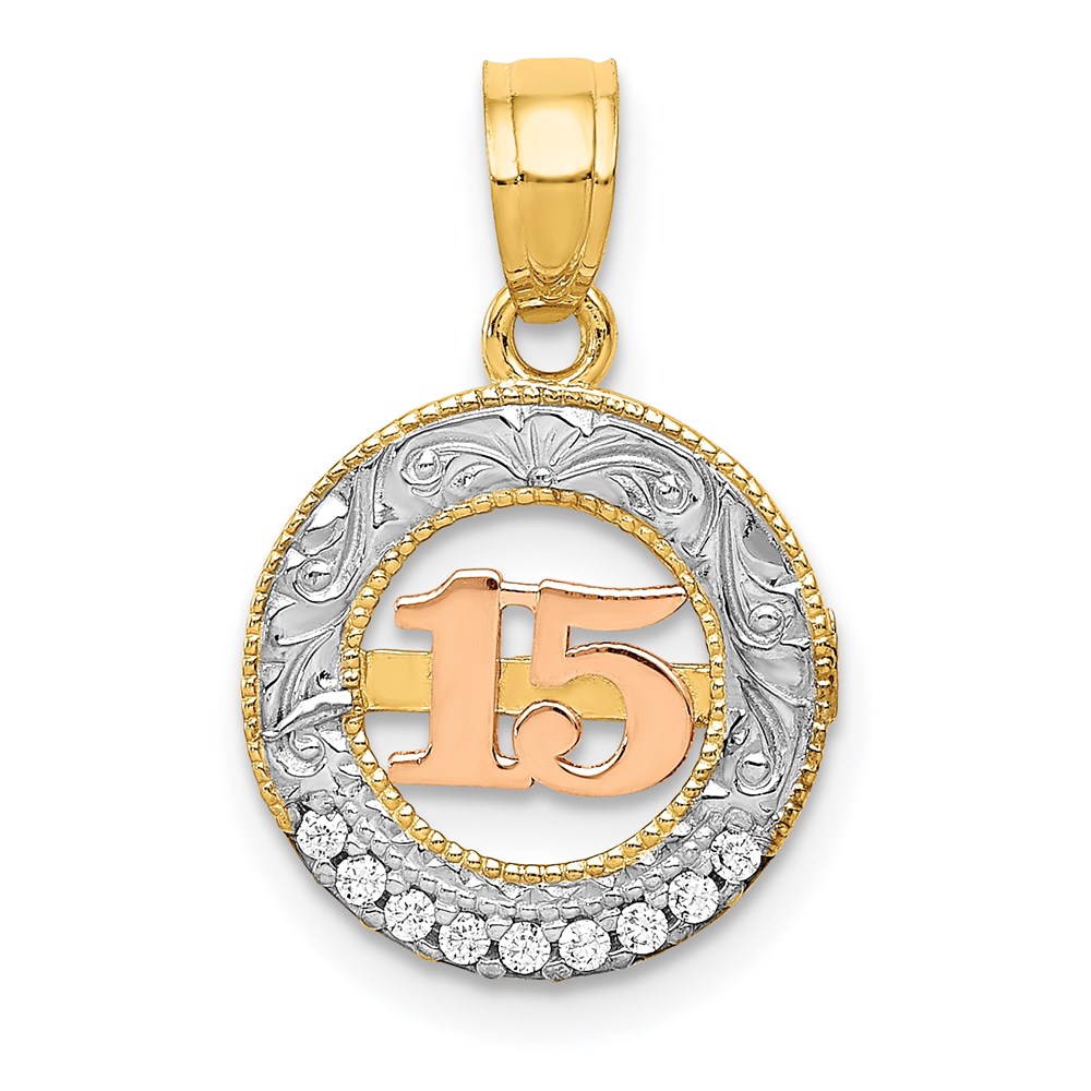 K5884.jpg 14k Two-tone with White Rhodium CZ 15 in Circle Pendant - Image 1