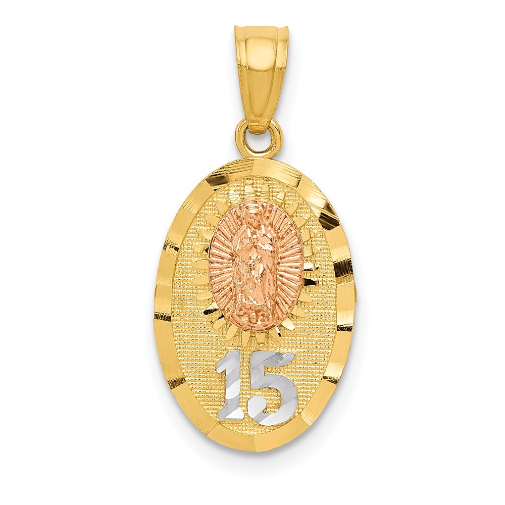 K5887.jpg 14k Two-tone with White Rhodium Diamond-cut Our Lady of Guadalupe with 15 Pendant - Image 1