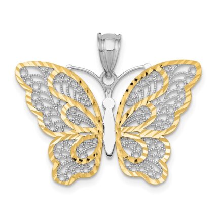 14k White Gold with Yellow Rhodium Polished Filigree Butterfly Pendant