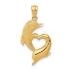 14K Diamond-cut Satin and Polished Dolphins Heart Pendant
