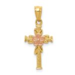14K Two-tone Polished Diamond-cut Cross with Flower Pendant