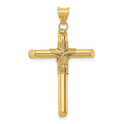 14K Polished with Center Wrap Tube Cross Pendant