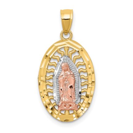 14K Two-tone with White Rhodium Diamond-cut Our Lady of Guadalupe Oval Charm