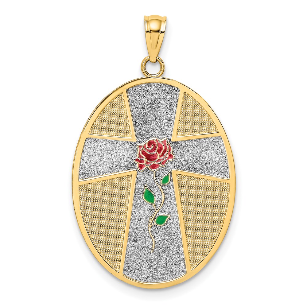 K6640.jpg 14K with White Rhodium Enameled Rose Cross with Serenity Prayer on Back Oval Disc Charm - Image 1