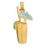 14K 3-D Cocktail Drink with Blue Enameled Umbrella and Lime Charm