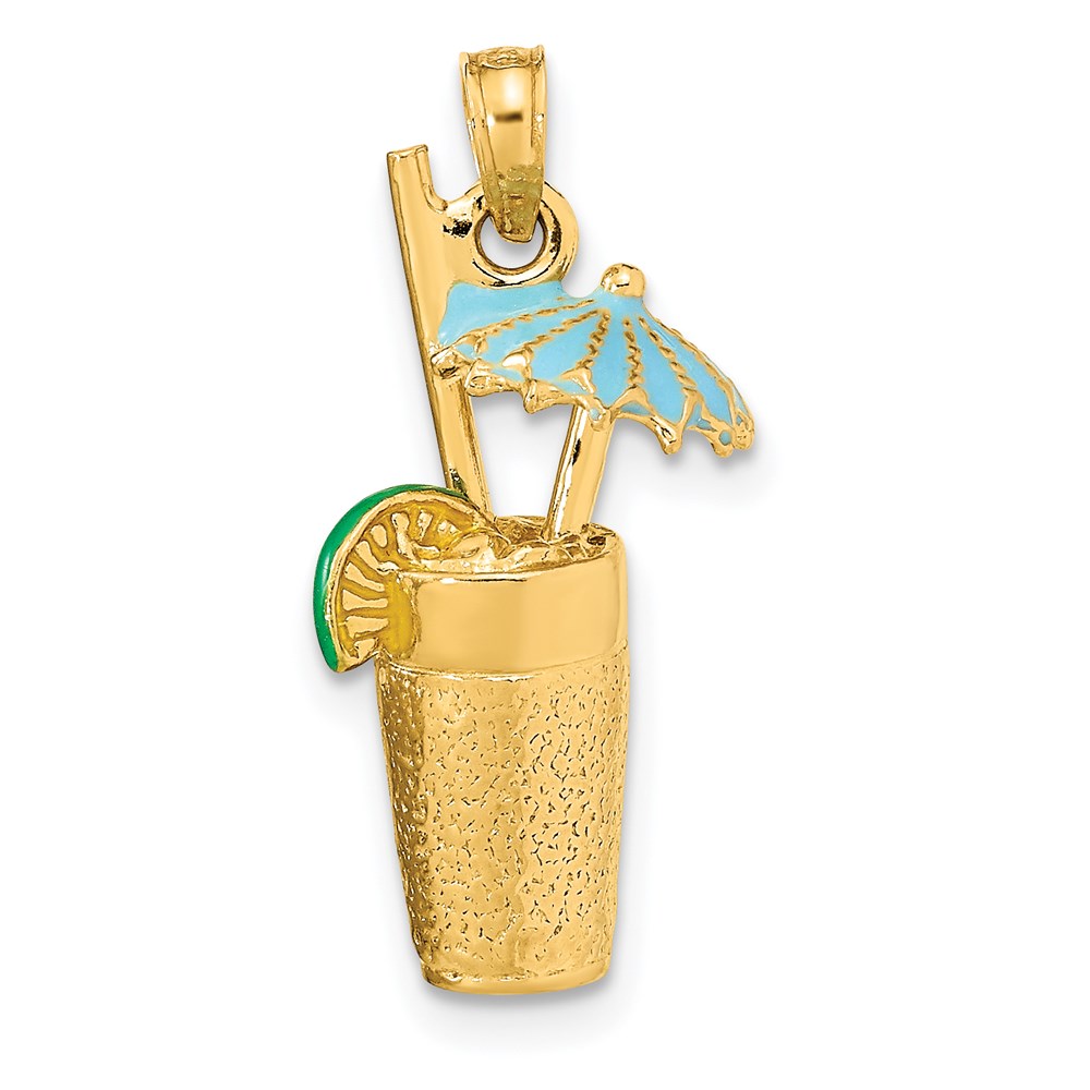 K6678.jpg 14K 3-D Cocktail Drink with Blue Enameled Umbrella and Lime Charm - Image 1
