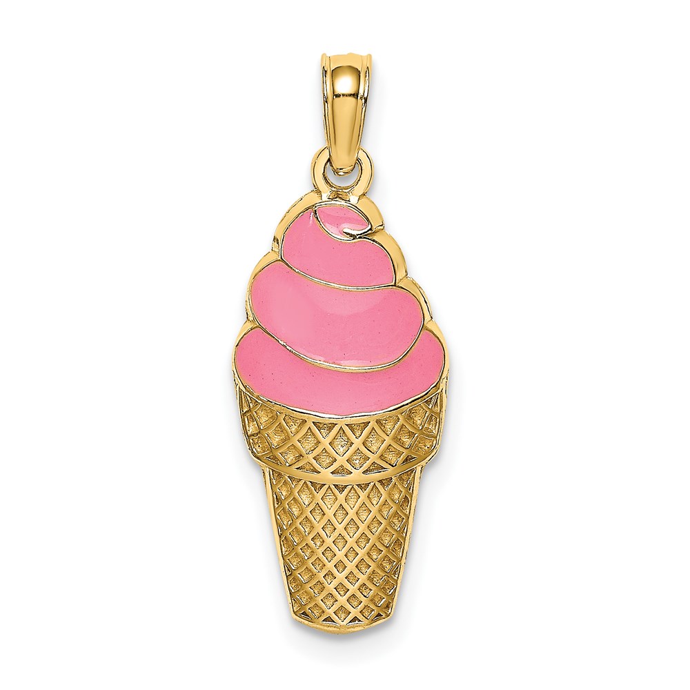 K6799.jpg 14K Pink Enameled Strawberry Ice Cream Cone Charm - Image 1