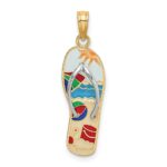 14K and White Rhodium Multi-Colored 3-D Enameled Beach Scene On Flip-Flop Charm