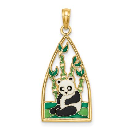 14K Multi-color Enamel Panda Bear and Bamboo Charm