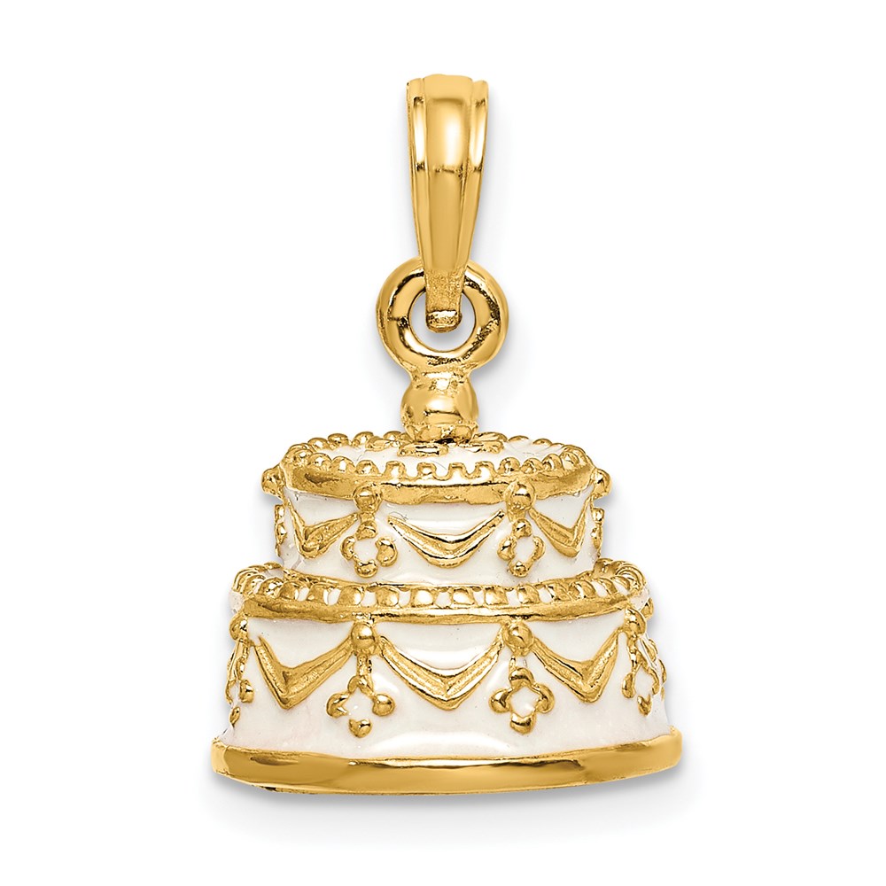 K6873.jpg 14K Polished Enameled JUST MARRIED 3-D Wedding Cake Pendant - Image 1