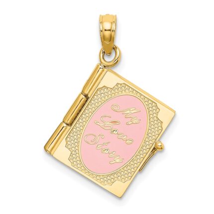 14K Enameled 3-D Moveable MY LOVE STORY Book Pendant