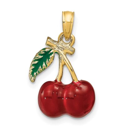 14K 3-D Red and Green Enameled Cherries with Leaf Charm