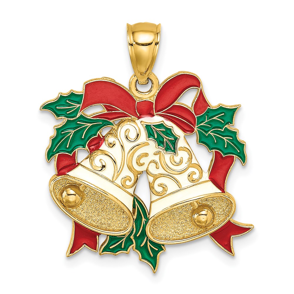 K6990.jpg 14K Enamel Holiday Bells and Holly Charm - Image 1