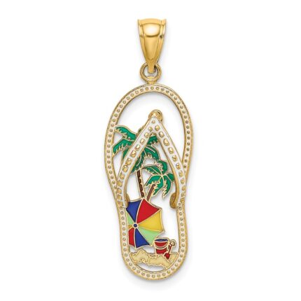 14K Enameled Palm Tree Beach Scene Flip-Flop Charm