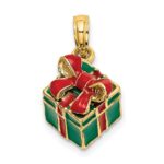 14K 3-D Enameled Green Gift Box with Red Bow Charm - Image 2