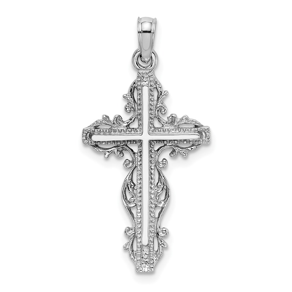 K8457W.jpg 14K White Gold Cross with Lace Trim Charm - Image 1