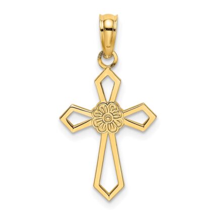 14K Cut-Out and Flat Cross with Flower Charm