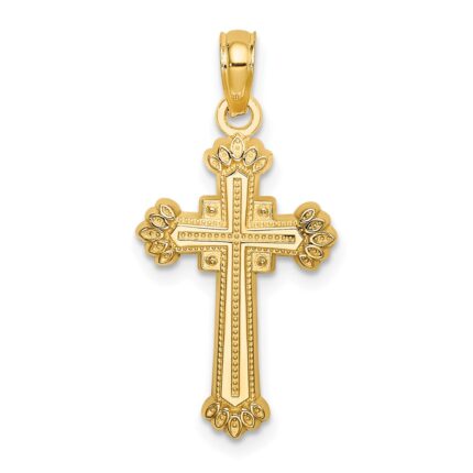 14K Textured Leaves On Edges Cross Charm