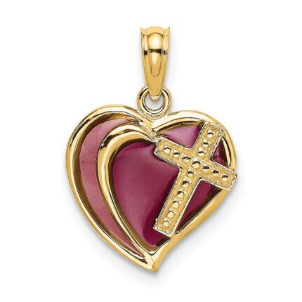 14K with Purple Enamel Cross in Heart Charm