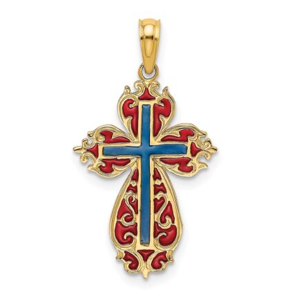 14K Blue and Red Enameled Cross Charm