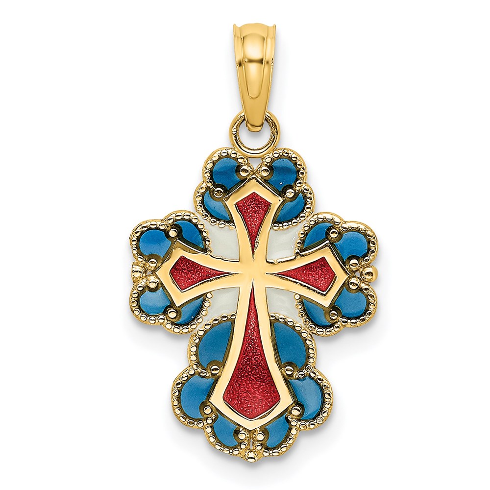 K8628.jpg 14K Blue/White/Red Enameled with Lacey Trim Cross Charm - Image 1