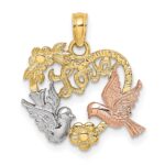 14k Yellow and Rose Gold with White Rhodium LOVE with Doves Heart Charm