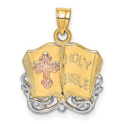 14K Two-tone and White Rhodium Open Holy Bible with Cross Charm