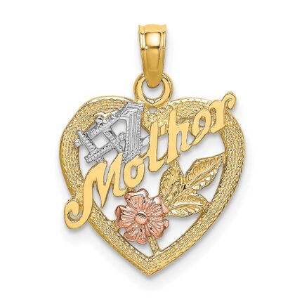 14K Two-tone with White Rhodium #1 MOTHER Heart with Flower Charm