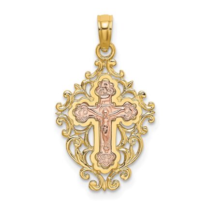14k Two Tone with Lace Trim Crucifix Charm