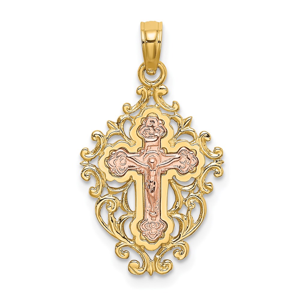 K9058.jpg 14k Two Tone with Lace Trim Crucifix Charm - Image 1