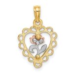 14k Two-tone with White Rhodium Heart with Rose and Lace Border Charm - Image 4