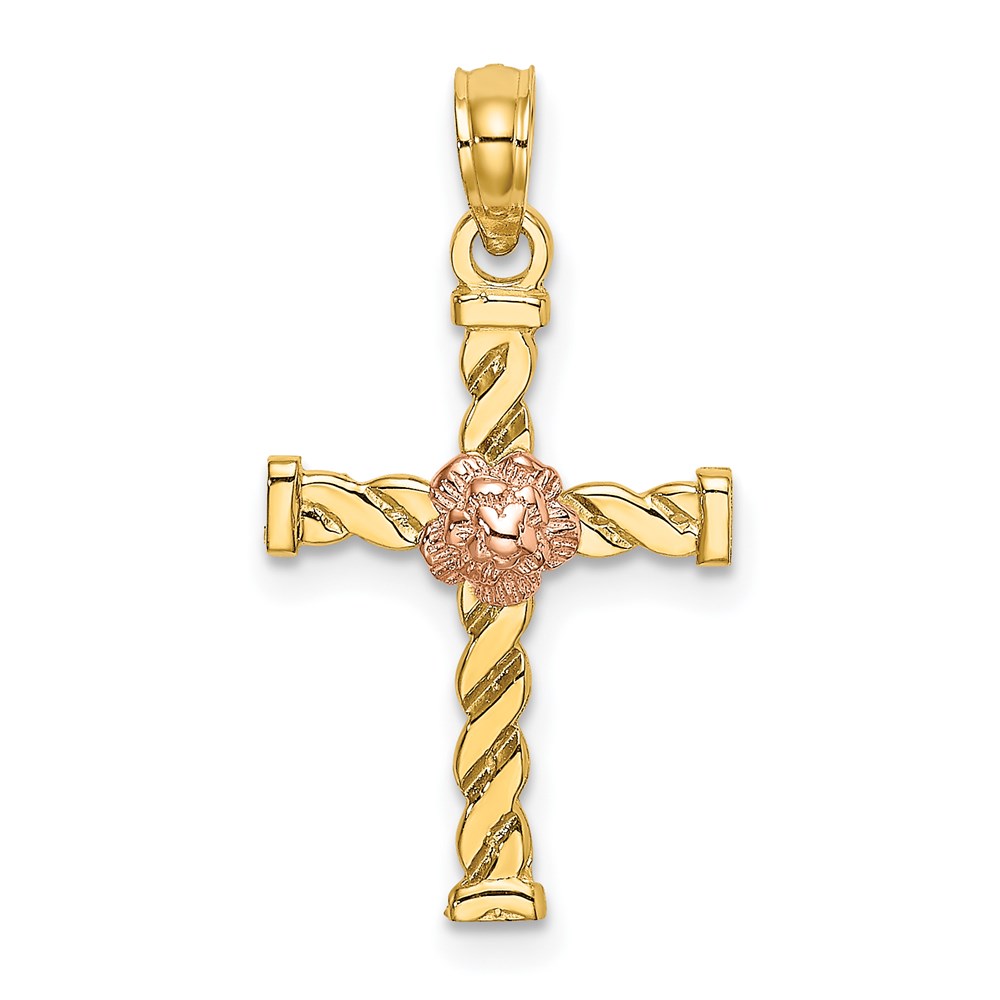 K9082.jpg 14k Two-Tone Twisted Cross with Flower Charm - Image 1