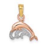 14K Two-Tone with White Rhodium Dolphin and Wave Charm