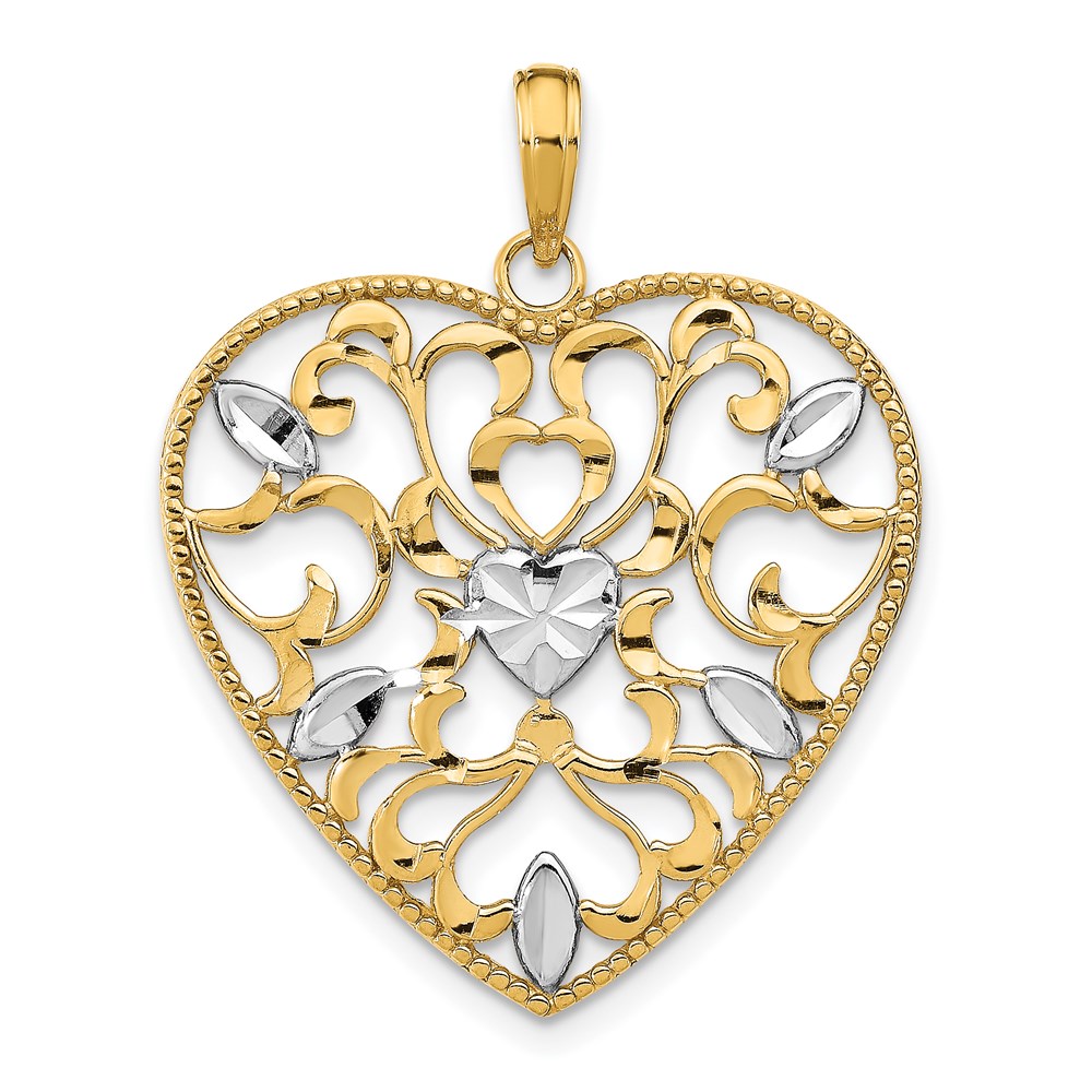 K9158.jpg 14k and White Rhodium Filigree Leaf Accent Heart Charm - Image 1