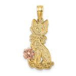 14k Two-Tone Sitting Cat with Bow and Flower Charm