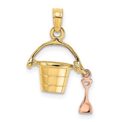 14K Rose and Yellow Gold 3-D Beach Bucket and Moveable Shovel Charm
