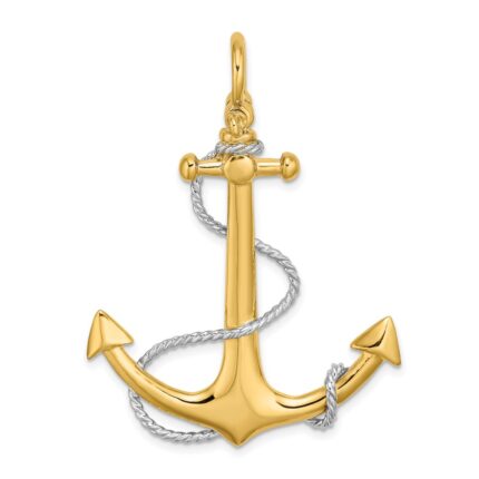 14K and White Rhodium 3-D Large Anchor with Rope and Shackle Bail Charm