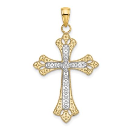 14K with White Rhodium Scalloped Edges Cross Charm