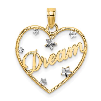 14k and White Rhodium Diamond-cut DREAM Heart with Stars Charm