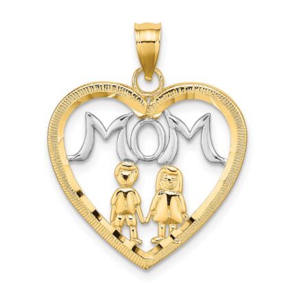 14k with White Rhodium MOM Heart with 2 Kids Charm
