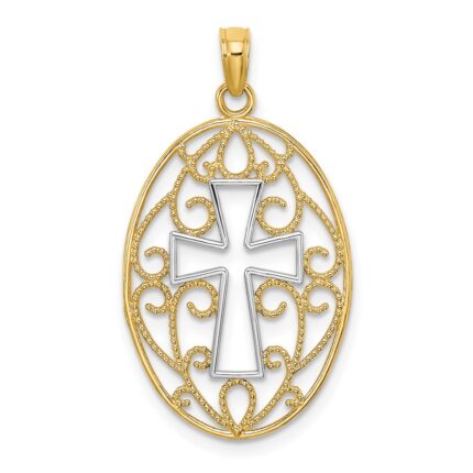 14K with White Rhodium Beaded Filigree Cross Charm