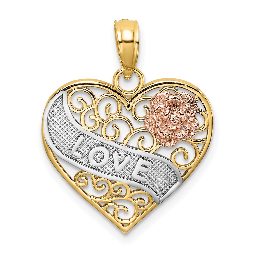 K9419.jpg 14k Two-tone with White Rhodium LOVE Banner on Filigree Heart Charm - Image 1