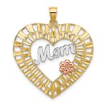 14k Two-tone with White Rhodium Diamond-cut MOM with Flower Heart Charm