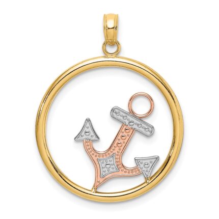 14K Two-tone with White Rhodium Anchor In Circle Charm