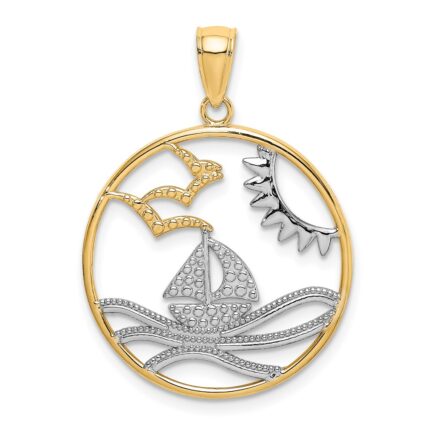 14k and White Rhodium Sun/Sailboat/Water/Seagulls in Circle Charm