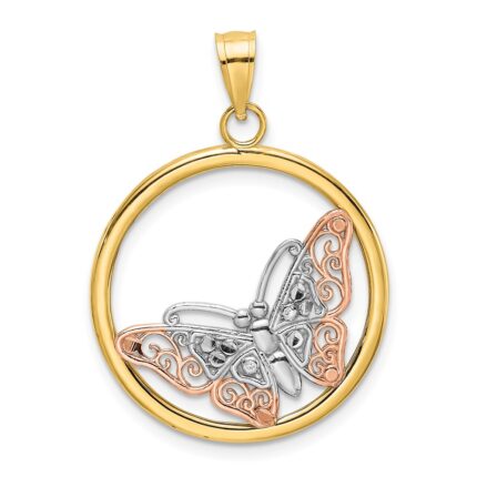 14k Two-tone with White Rhodium Butterfly In Round Frame Charm